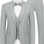 Men 3-Piece Suit Slim Fit Suit Jacket Single Button Banquet Prom Wedding Suit Jacket Vest Pants and Bow Tie Set