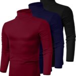 3 Pack Men's Turtleneck Shirts, Long Sleeve Cotton Pullover Sweaters Mock Neck Knitted T-Shirt Basic Slim Fit Tops