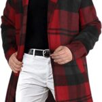 Men's Casual Notched Collar Plaid Single Breasted Wool Blend Formal Trench Top Coat