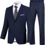Men Slim Fit 2 Piece Suit, Two Button Solid Suit Jacket Pants Set, Wedding Prom Suit
