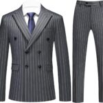 Men 2 Piece Pinstripe Suit for Men Double Breasted Tuxedo Business Wedding Dinner Party Jacket Pants Suit Set