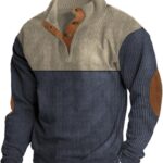 Mens Corduroy Sweater with Elbow Patches Long Sleeve Button Turtleneck Polo Shirts Vintage Waffle Sweatshirts