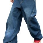 Men's Irregular Sutures Hip Hop Baggy Jeans Wide Leg Denim Pants Casual Loose Fit Trousers Streetwear