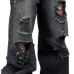 Mens Cyberpunk Baggy Ripped Jeans Wide Leg Destroyed Distressed Skater Jeans Denim Pant Hip Hop Streetwear