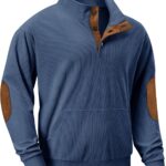 Mens Warm Corduroy Sweatshirt Casual Stand Collar Quarter Fall Metal Button Pullover Sweaters Long Sleeve with Pockets