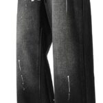 Men's Work Jeans Casual Hip Hop Cargo Solid Color Loose Fit Straight Wide Leg Cotton Denim Pants with Zipper